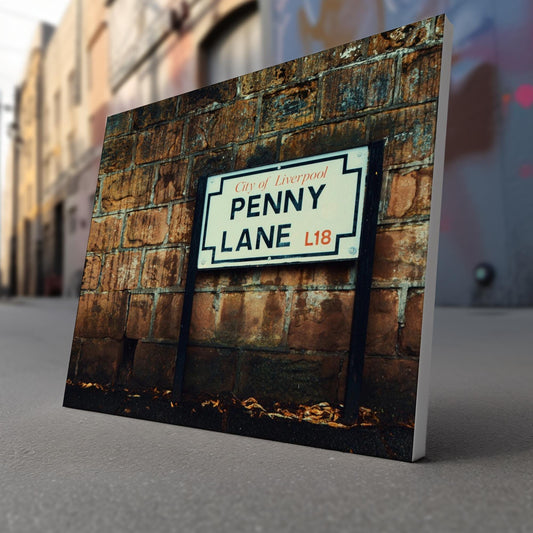 Beatles Fab Four Penny Lane canvas wall art or poster print. Iconic sixties band, song lyrics. Liverpool street scene photograph.