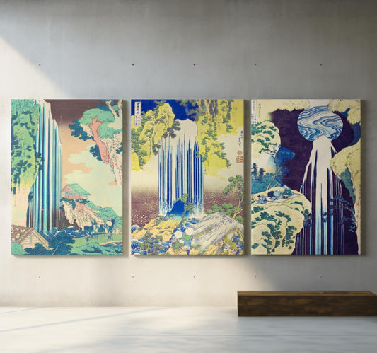 Japanese waterfalls SET of 3 canvases for Japandi minimalist home decor. Famous artist painting by Hokusai for contemporary rooms. Canvas wall hangings suitable for nordic and scandi style as well as Japan oriental.