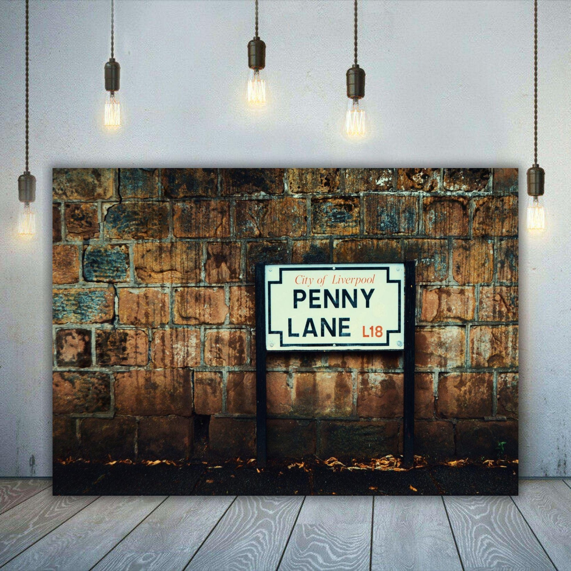 Beatles Fab Four Penny Lane canvas wall art or poster print. Iconic sixties band, song lyrics. Liverpool street scene photograph.