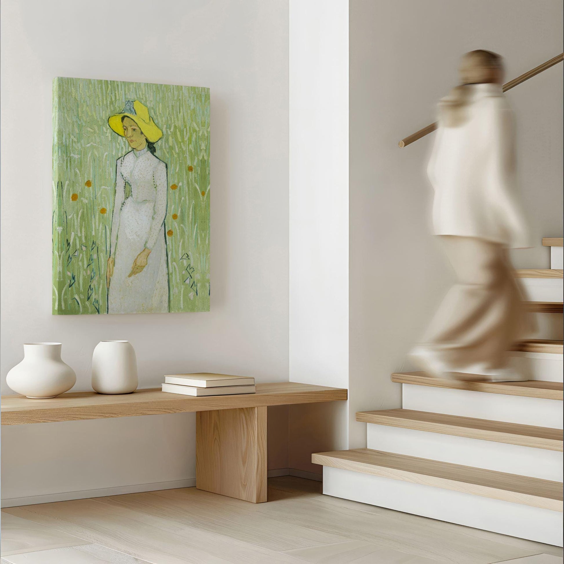 Girl in white by van Gogh canvas art printed on wall in new home