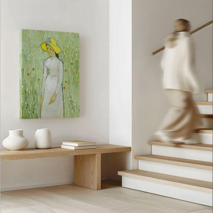 Girl in white by van Gogh canvas art printed on wall in new home