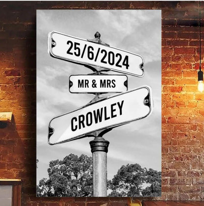 Custom made street sign posts with your name and date Mr and Mrs personalised Printed Box Canvas or Poster Print - Wedding Anniversary gift