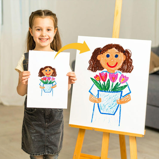Child’s drawing printed as a professional canvas with mirrored edges, displayed in a family home