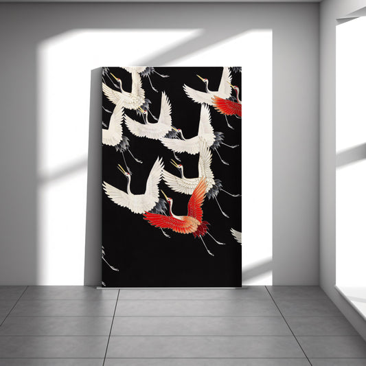 A graphic depiction of Cranes Flying modern art canvas. Option of canvas wallart or poster print for contemporary home decor. An ideal modern picture gift for lovers of graphic illustration.