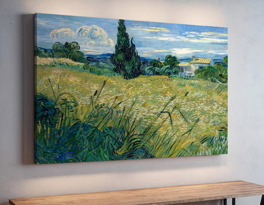 Canvas or art print of Van Gogh’s Green Wheat Field with Cypress, showing rolling green fields and a swirling blue sky
