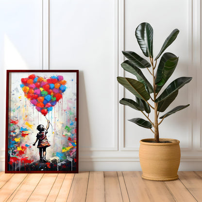 Set of two Banksy-style graffiti prints featuring a girl with a balloon and a boy in a hot air balloon. Vibrant street art with bold colours, perfect for modern interiors and contemporary wall decor. Poster prints ideal for home decoration, blending nostalgia with an urban, artistic twist. A striking choice for lovers of graffiti prints and vibrant paintings.
