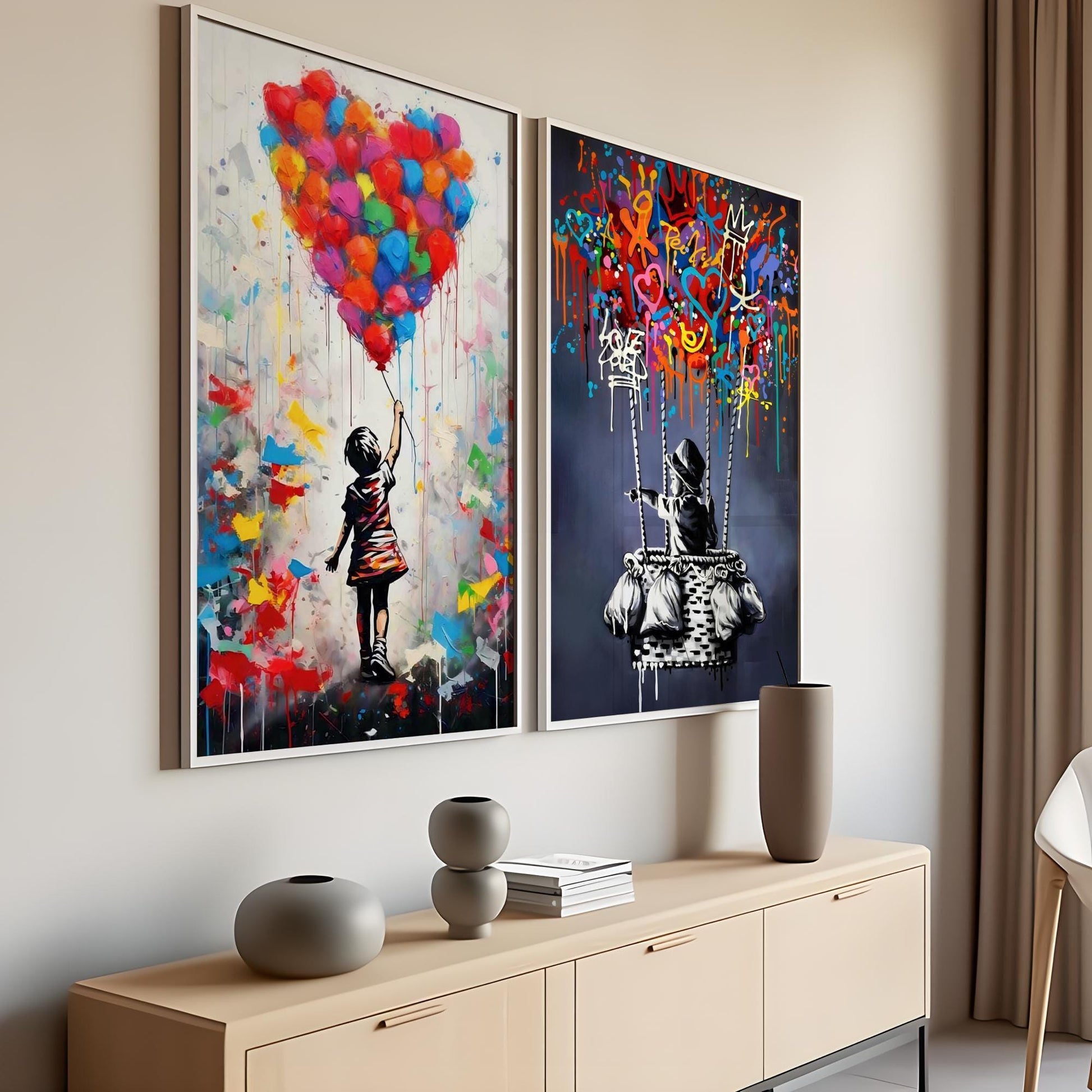 Set of two Banksy-style graffiti prints featuring a girl with a balloon and a boy in a hot air balloon. Vibrant street art with bold colours, perfect for modern interiors and contemporary wall decor. Poster prints ideal for home decoration, blending nostalgia with an urban, artistic twist. A striking choice for lovers of graffiti prints and vibrant paintings.