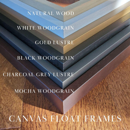 a collection of different colored wood grain frames, including natural wood, white woodgrain, gold lustre, black woodgrain, charcoal grey lustre, and mocha woodgrain, arranged in a stack. The frames are labeled with their respective colors, and the image also includes the text &quot;CANVAS FLOAT FRAMES&quot;.