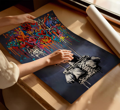 Set of two Banksy-style graffiti prints featuring a girl with a balloon and a boy in a hot air balloon. Vibrant street art with bold colours, perfect for modern interiors and contemporary wall decor. Poster prints ideal for home decoration, blending nostalgia with an urban, artistic twist. A striking choice for lovers of graffiti prints and vibrant paintings.