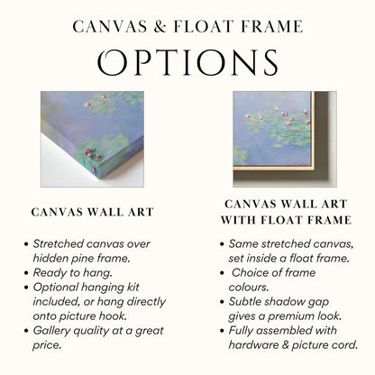 The image is a comparison of two different options for displaying canvas wall art: a stretched canvas over a hidden pine frame and a canvas wall art with a float frame.